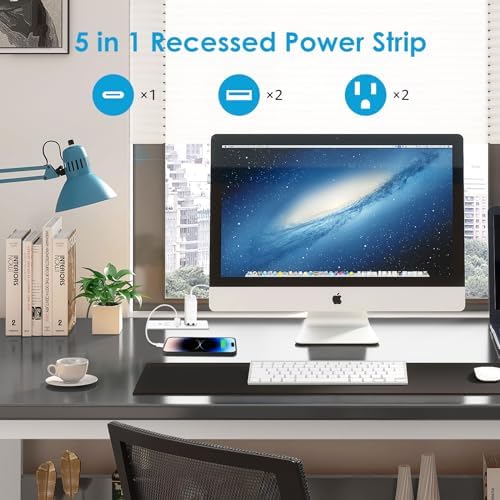 Transform Your Space with HHSOET 5-in-1 Recessed Power Strip – Flat Plug Design Featuring 20 W Fast Charging, 2 AC Outlets, 3 USB Ports (Including USB-C), and 6 ft Power Cord for Effortless Connectivity in Home Offices and Conference Rooms – Elevate Your Charging Efficiency and Aesthetic Appeal