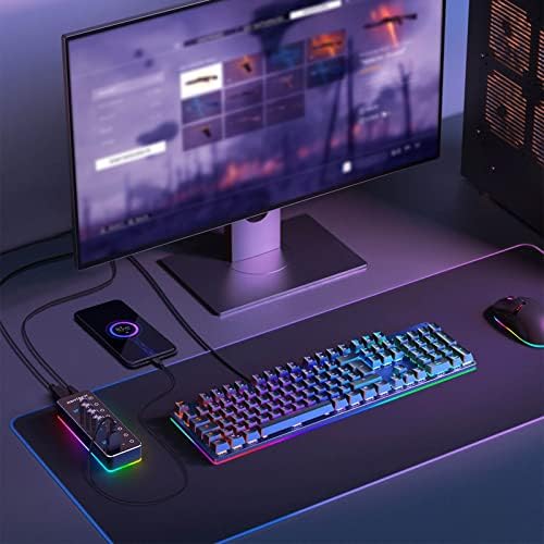 Transform Your Setup with RSHTECH RGB 7 Ports USB Hub – High-Speed USB 3.0 & USB-C Connectivity, Customizable 14-Mode LED Strip, Touch Control, 3.3 ft Cable & Power Adapter for Gamers and Creators – Sleek Aluminum Design for Enhanced Performance and Style