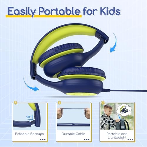 Kid-Friendly Foldable Wired Headphones with Microphone – Volume Limiting Safety (85/94 d B) for Hearing Protection, Share Port for Collaborative Audio, Ideal for Tablets, PCs, and School Use – Enhanced Type C Compatibility for Optimal Sound Quality and Comfort