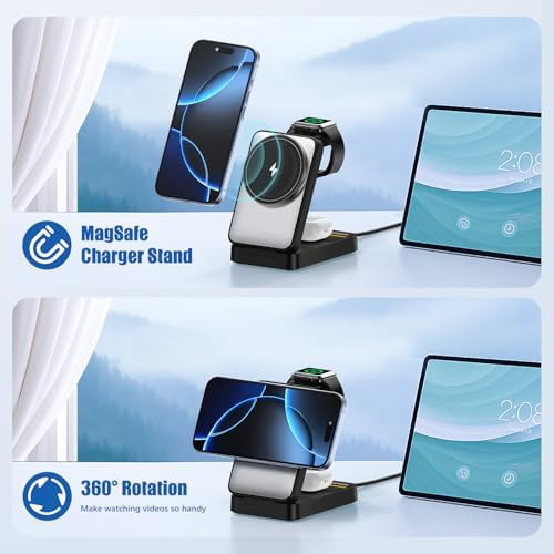 Versatile 3-in-1 Foldable Wireless Charging Station for Apple Devices – Magnetic Mag Safe Stand for i Phone 16/15/14/13/12/11 Pro Max, Apple Watch Series, and Air Pods – Portable Fast Travel Charger with Enhanced Stability and Safety Features