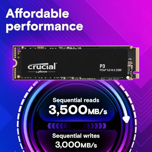 Crucial P3 500 GB NVMe M.2 SSD – Ultra-Fast PCIe Gen3 Storage for Gamers & Creators – 3500 MB/s Transfer Speeds – Durable 3 D NAND Technology – Effortless Upgrade for Any Laptop or Desktop – Energy-Efficient Performance Enhancement
