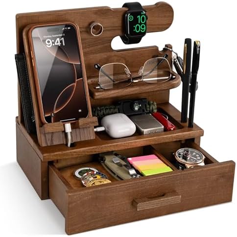 TESLYAR Wood Phone Docking Station with Drawer – Nightstand Organizer – Desk Organizer for Husband – Birthday Gifts for Men, Dad, Anniversary Idea, Key Holder Stand Watch & Accessories (Bourbon Brown) – Enhanced Compatibility and Speed