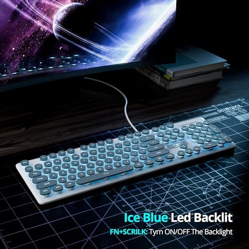 Elevate Your Workspace with the Fogruaden Retro Typewriter Keyboard – Stylish Full-Size USB Design, 104 Round Keys, and White LED Backlighting for Effortless Night Use, Ergonomic & Silent Membrane Keys Perfect for Windows PC and Laptops, Ideal for Writers and Gamers Seeking a Unique Vintage Touch