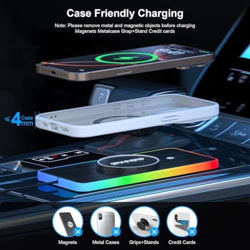 Aubenai 15 W Magnetic Wireless Car Charger Pad with RGB Lighting – Fast, Non-Slip Charging Mat Compatible with Mag Safe i Phone 16/15/14/13/12, Includes 70 cm USB-A Extension Cable for Enhanced Compatibility and Installation Flexibility