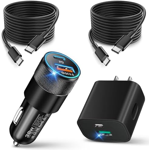 High-Powered 38 W Dual USB-C & USB-A Wall/Car Charger – 20 W Fast Charging Block with 2 x 6 FT Type-C Cables for i Phone 16, 15, Samsung S24 Ultra & Pixel Devices – Ultimate Versatility & Speed for On-the-Go Charging Solutions