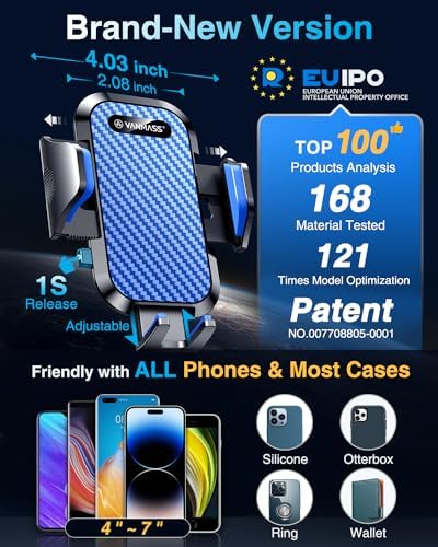 VANMASS Military-Grade Car Phone Holder – Maximum Durability for i Phone 16, 15 Pro Max, 14, 13 & Android Devices – Ultimate Dashboard, Windshield & Vent Mount with Secure Suction & Clip Mechanism for Safe Navigation – 360-Degree Adjustable Viewing for Effortless Access – Heavy-Duty Cell Cradle for Confident Driving