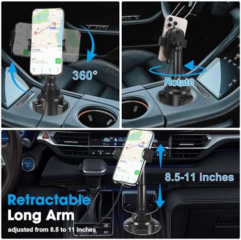 Innovative Wireless Car Charger & Adjustable Cup Holder Phone Mount – 15 W Fast Charging for i Phone 16/15/14/13, Samsung, LG – Customizable Height & Secure Fit for Ultimate Road Convenience – Includes Car Adapter for Immediate Use