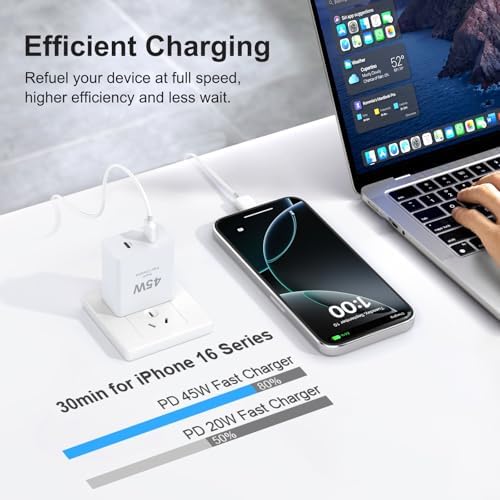 45 W Dual USB-C Fast Charger with 10 FT Cable for i Phone 16 & Galaxy S25 – Rapid Charging Solution for i Pad Pro/Air, Compact & Portable Power Block, Enhanced Device Compatibility