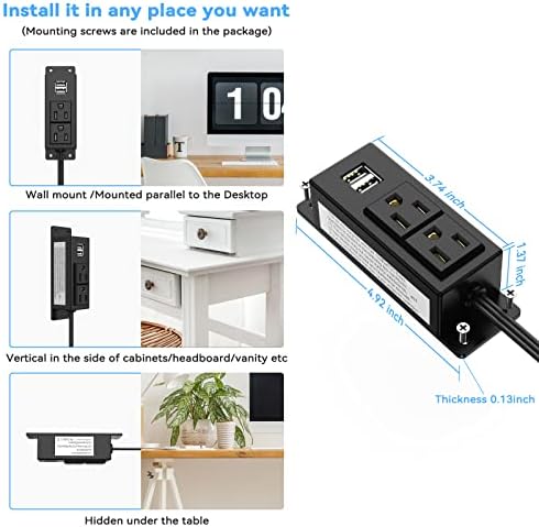 Kungfuking Wall-Mountable Power Strip with USB Ports – 6.56 FT Surge Protector Extension Cord Featuring 2 AC Outlets and Flat Plug Design for Enhanced Charging Flexibility and Device Safety