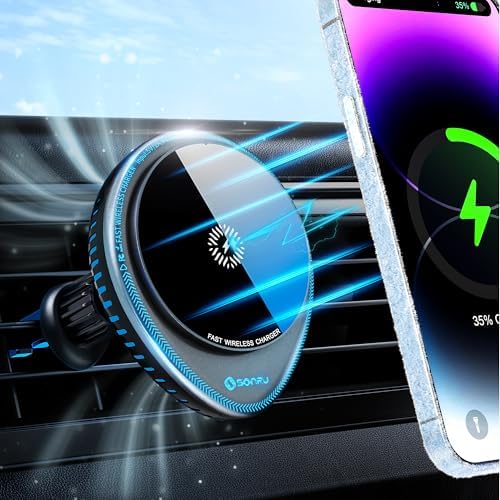 Mag Safe Car Charger with Mini Fan – 15 W Fast Wireless Charging Holder for i Phone 12-16 Models – 360° Rotating Magnetic Mount for Enhanced Usability and Overheating Prevention – Ultimate Driving Accessory