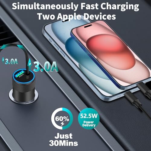 Rombica 105 W MFi Certified Dual USB-C & USB-A Fast Car Charger for i Phone 16 Pro Max – Ultimate Portable Power Solution with 6 FT Coiled Type-C Cable for Rapid Charging on the Go, Perfect for Road Trips and Daily Commuting
