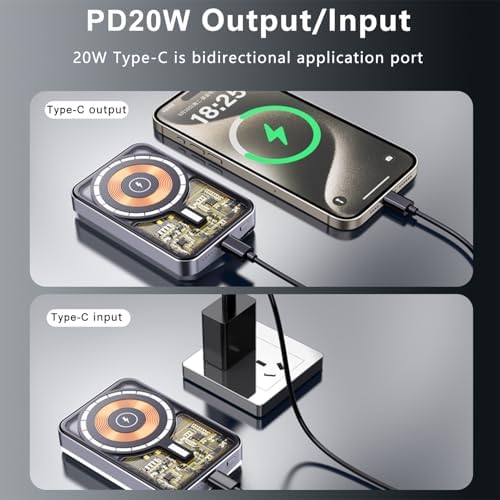 Ultra-Fast Magnetic Wireless Power Bank – 15 W Mag Safe-Compatible Portable Charger for i Phone 15/14/13/12/11/X | 5000 m Ah PD 20 W | Sleek Silver Design for Effortless Charging on the Go