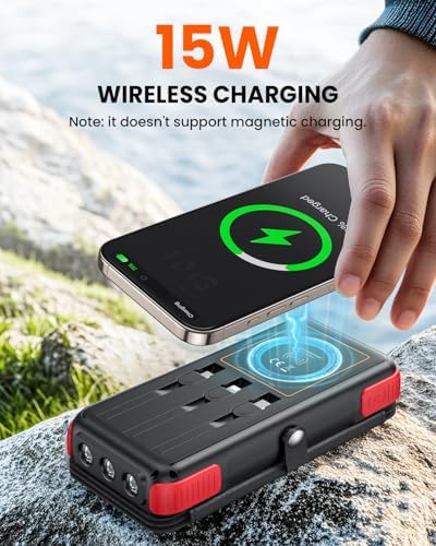 Ultimate SOARAISE 25000 m Ah Solar Power Bank: Fast Wireless Charging with Built-in Cables, Dual USB Outputs, 4 Solar Panels & Triple LED Flashlights for Outdoor Adventures – Reliable Portable Charger for Camping & Emergencies