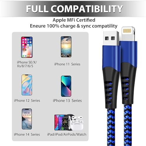 Premium 5-Pack i Phone Charger Set: MFi Certified Nylon Braided Fast Charging Cables (3 FT, 6 FT, 10 FT) for i Phone 14/13/12/11/X/Max/8/7/6/5/SE/i Pad – Unmatched Durability & Versatile Lengths for Every Lifestyle