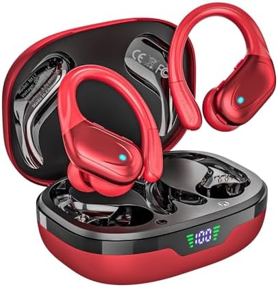 Revolutionary Bluetooth 5.3 Wireless Earbuds with Exceptional 80-Hour Playtime – IPX7 Waterproof Sport Headphones Engineered for Ultimate Noise Isolation and Secure Comfort – Ideal for Gym Enthusiasts and Outdoor Explorers – Striking Red Design – Unmatched Audio Performance for Active Lifestyles