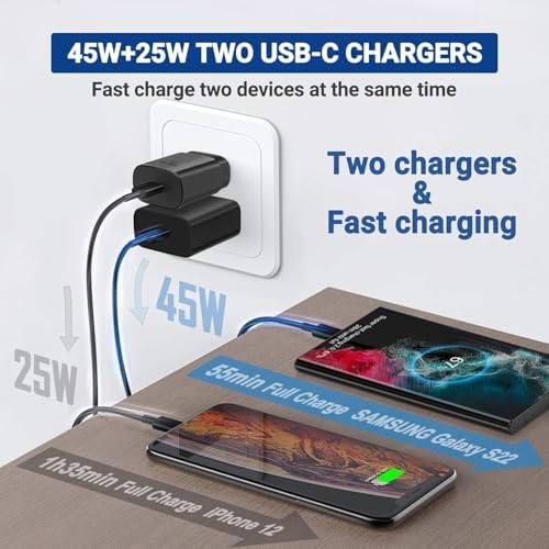 Dual Pack 45 W Samsung Type C Super Fast Charger – Rapid Power Delivery for Galaxy S25 Ultra/S25/S24/S23/S22 & Galaxy Tab with 10 FT USB C Charging Cables – Optimal PPS Technology & Enhanced Compatibility for Efficient Charging Solutions