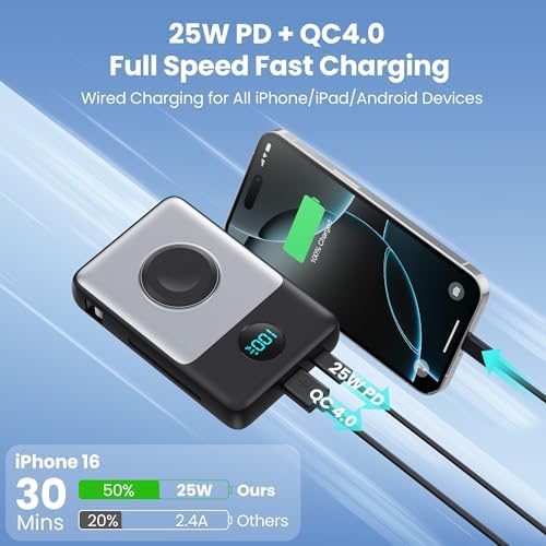 Ultimate 6-in-1 Magnetic Portable Charger, 10800 m Ah Power Bank for i Phone – Features Integrated Cables, Wireless Charging for Apple Watch, Smart LCD Display, and 25 W PD Fast Charging – Perfect Travel Accessory for All Devices with Enhanced Safety Features and Compatibility for i Phone 12 to 16 Series