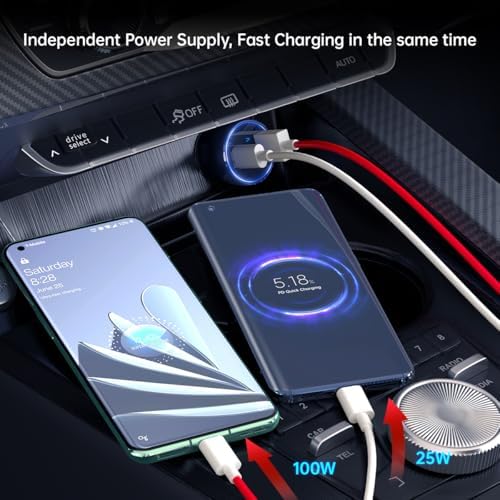 Ultra-Fast Dual Port One Plus Car Charger – 100 W PD Adapter with 2 Durable Cables for One Plus 13, 12, and More – Universal Compatibility with Samsung & i Phone – Compact Travel Essential for Rapid Charging on the Go – Built-in Safety Features for Overheating Protection
