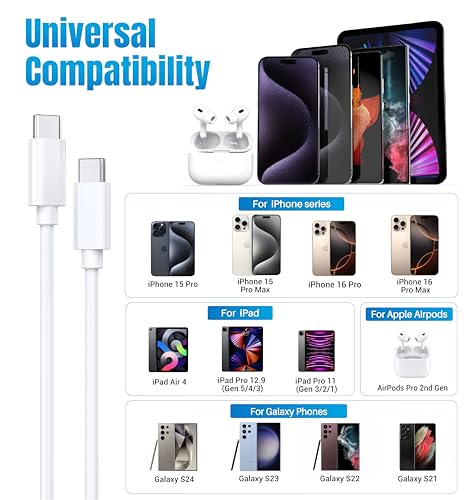 Ultimate 5-Pack 6 ft USB C to C Fast Charging Cables – 60 W Power Delivery for i Phone 16 Series and Galaxy S25, S24, S23, S22 – Durable, Flexible, High-Speed Charging Solution in Sleek White Design for Home & On-the-Go Use
