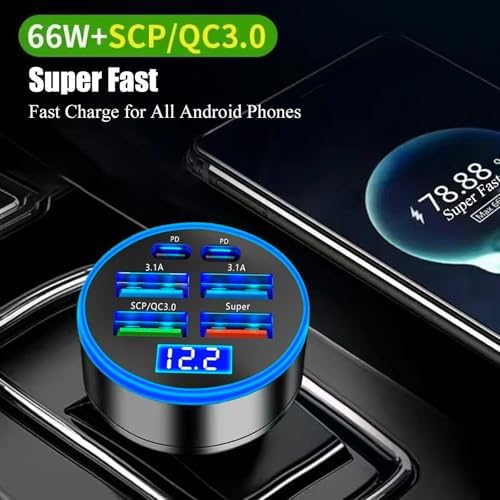 Ultra-Fast 250 W USB-C Car Charger Adapter with Voltage Display – 6-in-1 Multi-Port Solution for i Phone, Samsung Galaxy, Huawei, One Plus, Oppo, and Vivo – Efficient Charging on the Go for Tech-Savvy Drivers