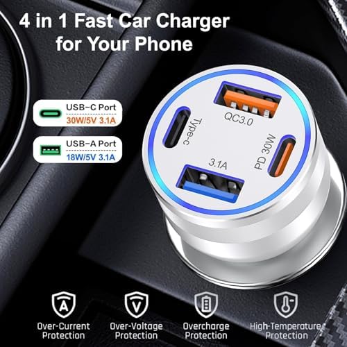 High-Powered 5-Pack USB C Car Charger – 4-Port 65 W Dual USB-C & USB-A Fast Charging Adapter for i Phone 16/15/14/13/12 Pro Max, Samsung Galaxy & i Pad – Ultimate Compatibility & Speed for On-the-Go Charging