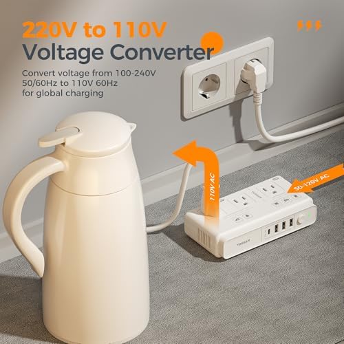 TESSAN 220 V to 110 V Universal Voltage Converter – All-in-One Global Travel Adapter with 4 USB Ports Including Rapid USB-C and 3 AC Outputs for Worldwide Device Compatibility – Compact and Durable Power Transformer for Effortless International Charging