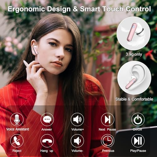 Nerunsa Elite Rose Gold Wireless Earbuds – Cutting-Edge Bluetooth 5.4 with Enhanced ENC Noise Cancellation, 45-Hour Playtime, Dynamic Hi-Fi Sound & Deep Bass, IP7 Waterproof for Ultimate On-the-Go Listening Experience