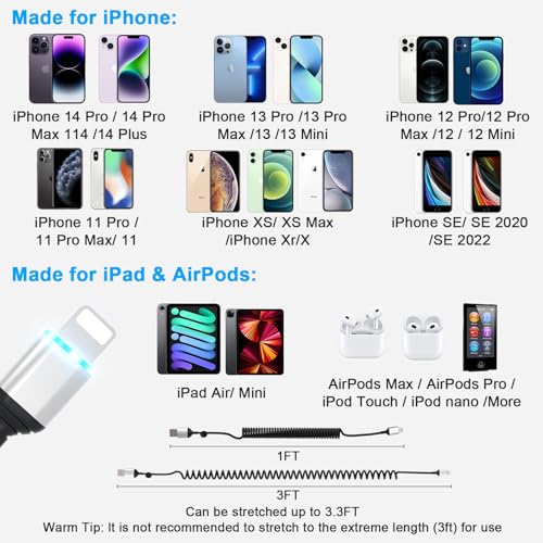 Enhance Your Driving Experience with the 2-Pack 3 FT MFi Certified i Phone Charging Cable for Apple Car Play – Retractable Lightning Cord for i Phone 14/13/12/11, i Pad & Air Pods – Fast Charging & Convenient Storage in Sleek Black
