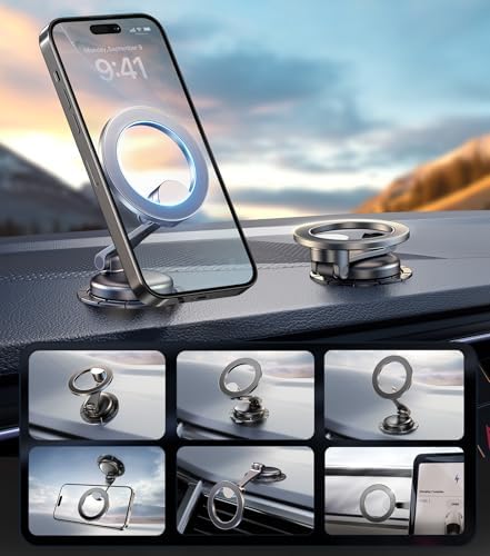 Revolutionary Qi2 Mag Safe Car Mount for i Phone 16 Pro Max – 2-in-1 Dashboard & Air Vent Holder with Strong Adhesive, Heat-Resistant Design, 360° Rotational Capability & Magnetic Convenience for Enhanced Driving Safety and Seamless Access to Navigation & Music