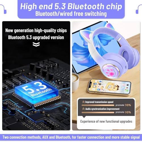 Playful Cat Ear Bluetooth Headphones for Kids – Foldable Over-Ear Design with LED Lights, Safe Listening Volume Control, Built-in Microphone, and Multi-Device Connectivity – Ideal for Music, Movies, and Gaming on i Phones, i Pads, Smartphones, and More!