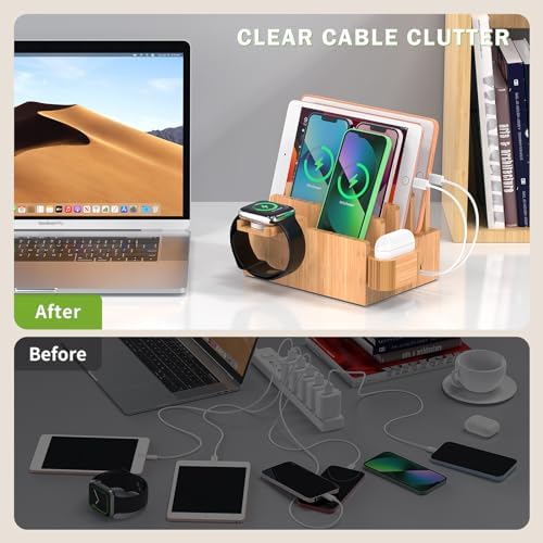 Eco-Friendly Bamboo 5-Port USB Charging Station: Versatile Multi-Device Organizer with Smartwatch and Earbuds Stand for Efficient Power Management – Perfect for Home and Office Use