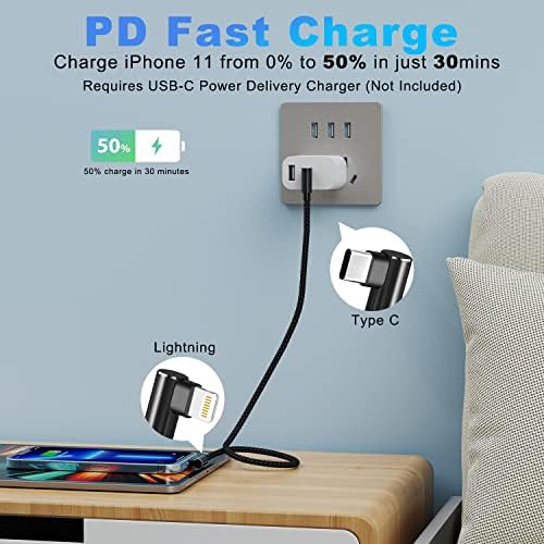 Premium 3-Pack USB C to Lightning Cable 3 ft – MFi Certified Fast Charging with 90-Degree Right Angle Connector – Durable Nylon Braided Design for i Phone 13, 12, 11, Pro, X, XS, XR, 8 Plus, 7, 6, 5 – Ultimate Convenience for Gaming and Streaming – Reliable Data Transfer and Syncing Solutions – Tangle-Free, Long-Lasting Performance in Stylish Black Finish