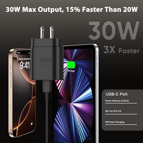 30 W Fast Charger for i Phone 15 Pro Max – 10 FT USB-C Cable & PD 3.0 Power Block | Rapid Charging for i Pad Pro/Air & Samsung S24 – Sleek Black Design for Ultimate Convenience and Durability