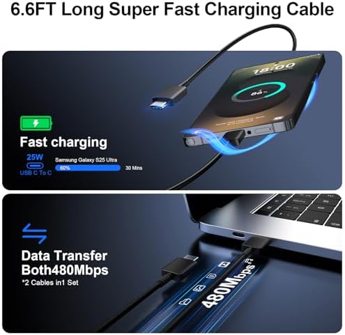 High-Speed 25 W Type C Wall Charger for Samsung Galaxy S25 Series – Includes Dual 10 FT USB-C Cables for Enhanced Flexibility and Safety – Lightning-Fast Charging with Compact Design for Travel Enthusiasts and Everyday Users