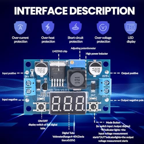 Versatile LM2596 Adjustable Buck Converter Module with Integrated LED Voltmeter – High-Efficiency DC-DC Power Supply for Precise Voltage Regulation from 4 V to 40 V, Outputs from 1.25 V to 37 V – Bulk Set of 6 for Enhanced Project Flexibility and Convenience
