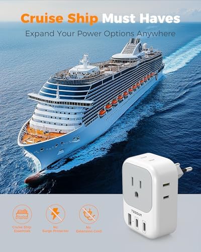 TESSAN Universal European Travel Power Adapter – 3 High-Speed USB Ports (2 USB-C) & 4 AC Outlets for Seamless Device Charging Across France, Germany, Spain, Greece & More – Compact Multi-Port Solution for Global Travelers – Ultimate Type E/F Plug Converter for Efficient Connectivity