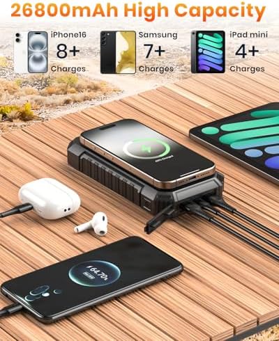 26800 m Ah Riapow Solar Power Bank – High-Capacity Wireless Portable Charger with USB C PD & QC3.0 Fast Charging – 4 Output Ports for Simultaneous Device Charging – Dual Flashlights for Camping & Emergency Use – Ultimate Outdoor Power Solution