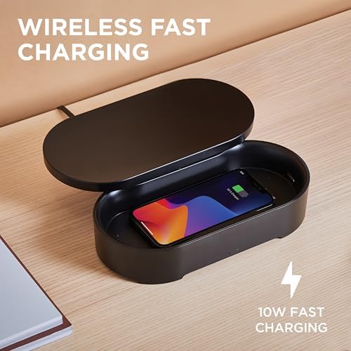 Lexon OBLIO Box: 360° UV-C Phone Sanitizer & Wireless Charger – Fast Qi Charging for Phones, Glasses, Keys, Makeup Brushes – Sleek Black Design for Modern Hygiene and Efficiency