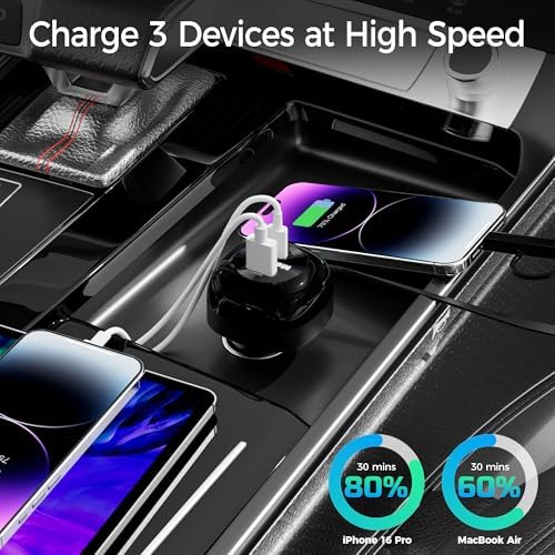 Merrtody 2025 Ultra-Compact 81 W Retractable Car Charger with 30-Inch USB-C Cable – Fast Charging Adapter for i Phone 16/15/14, Mac Book Pro, i Pad, Galaxy, Pixel & More – Perfect for Travelers & Commuters with Smart Charging Technology