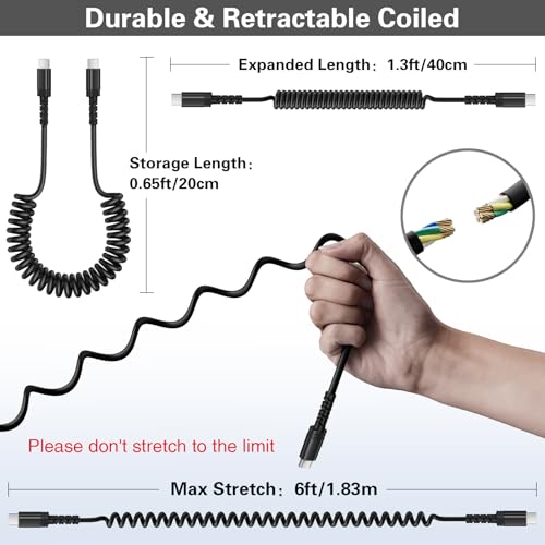 Canjoy 6 FT Retractable Coiled USB C Cable for Car – 5-Pack Fast Charging Cords Compatible with Car Play & Android Auto, Ideal for i Phone 16/15 and Samsung Galaxy S24/S23/S22 – Durable, Tangle-Free Design for Ultimate Convenience