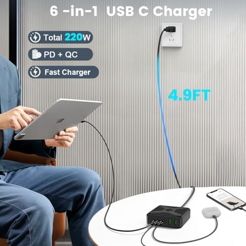 210 W 8-Port USB C Charging Hub – Versatile 65 W Fast Charger for i Phone 15/14/13/12/X & Mac Book Pro/Air – Compact Multi-Device Power Station with Advanced Safety Features for Effortless Home, Office, and Travel Charging Solutions