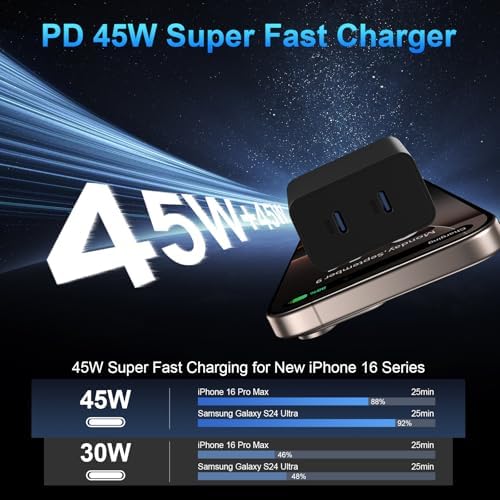 Power Up Your Devices Instantly with the 45 W Dual USB-C Fast Charger for i Phone 16 Series – Includes 6.6 FT USB-C Cable for Maximum Convenience and Compatibility with Pad Pro/Air, Galaxy S25/S24, and More – Compact, Reliable, and Efficient Charging Solution
