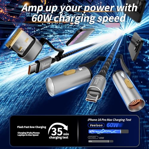 6 in 1 USB C Cable,60W Fast Charging Cable 4 FT,C to USB A/C Braided Multi-Function Charger Power Cord with LED Flashlight and Electric Lighter,for Charging/Outdoor/Travel Use – Enhanced Compatibility and Speed