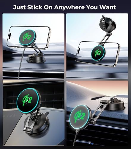 Mag Safe-Compatible Vacuum Suction Car Phone Holder – Versatile Magnetic Mount with Aerospace Alloy Arm for Tesla, Gym, Shower, and Smooth Surfaces – Secure Dashboard/Windshield Screen Solution for i Phone – 360-Degree Rotation for Optimal Viewing Angles and Hands-Free Safety