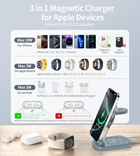 Ultimate 3-in-1 Magnetic Wireless Charging Station for Apple: Fast, Foldable Mag-Safe Charger with Night Light for i Phone 16/15/14/13/12, Apple Watch & Air Pods Pro – Travel-Ready, Enhanced Compatibility, and Rapid Charging Solution