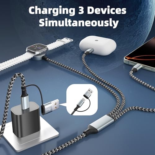 Universal 3-in-2 Travel Charging Cable for Apple Watch and Smartphones – 5 FT High-Speed Dual-Device USB-A/USB-C Charger for i Phone 16/15/14 & Android – Lightweight, Durable Solution for On-the-Go Power Management