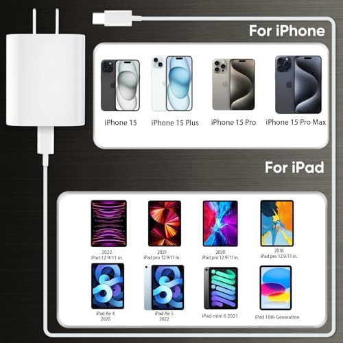 Ultimate 10 FT USB-C Fast Charging Kit for i Phone 16 and 15 – 20 W Power Adapter & Extra Long Cord for Rapid Charging of i Pads and Android Devices – Enhanced Compatibility and Durability for Everyday Use