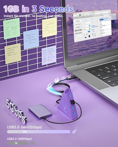 Maximize Your Device Connectivity with the Stylish Dark Purple USB C Hub Tower – 4-Port Splitter Adapter Featuring 2 FT Cable for Mac Book, i Mac, and Surface – High-Speed USB 3.0 Hub for Effortless Multi-Device Management and Enhanced Productivity