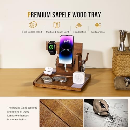 ONETIGRIS Nightstand Organizer, Gifts for Men Women Dad Husband Son Boyfriend Wife, Wood Phone Docking Station Gifts for Father’s Day, Birthday Mother’s Day and Valentine’s Day – Enhanced Compatibility and Speed