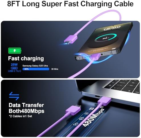 High-Speed 25 W Type C Wall Charger for Samsung Galaxy S25 Series – Includes Dual 10 FT USB-C Cables for Enhanced Flexibility and Safety – Lightning-Fast Charging with Compact Design for Travel Enthusiasts and Everyday Users